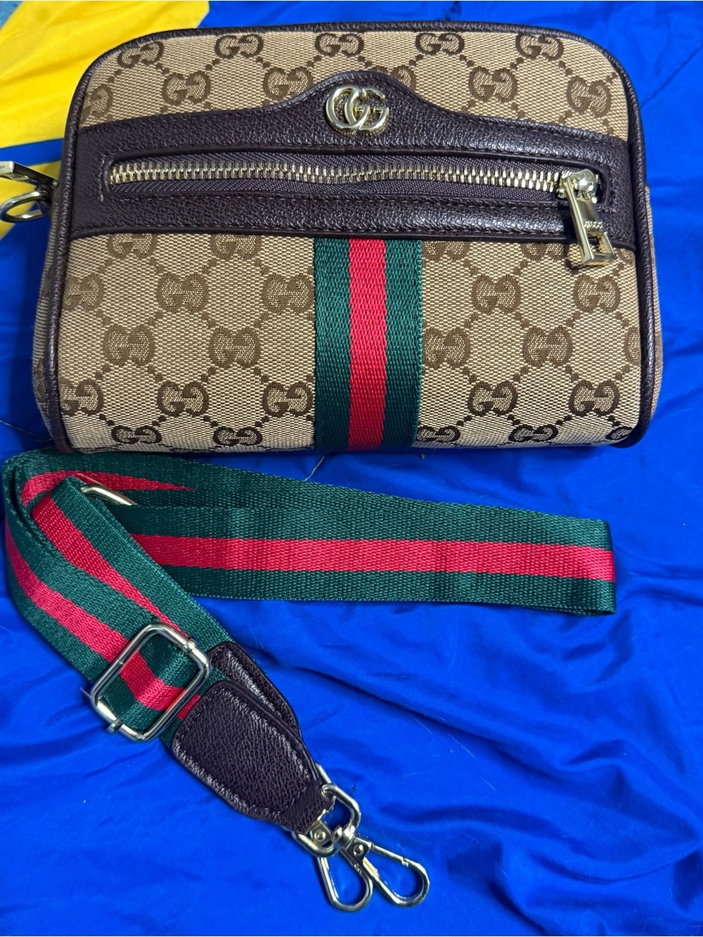 GG Beige Brown Monogram Crossbody Bag with Green and Red Web Stripe